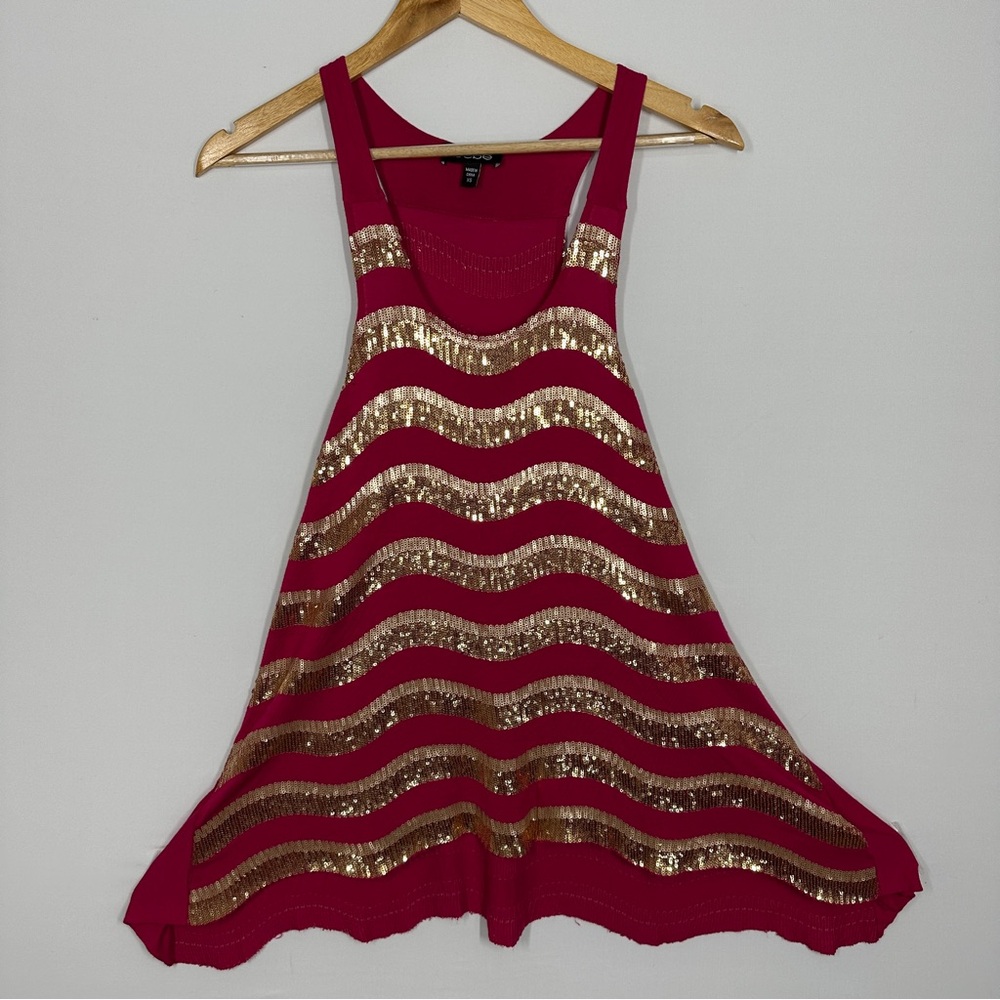 bebe Fuchsia Tank with Gold Sequin Waves